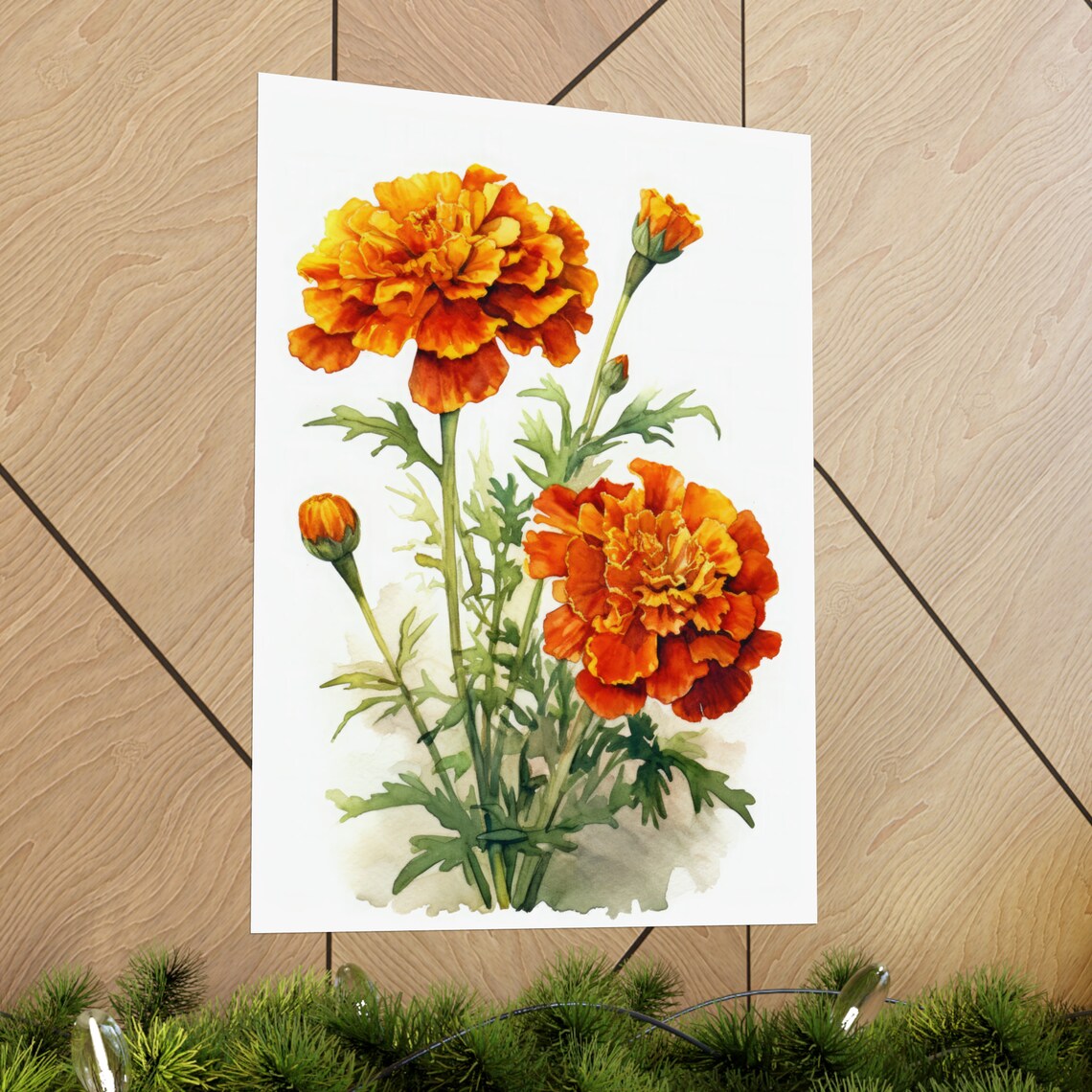 Orange Marigold Blooms Watercolor Botanical Floral Fine Art Poster - Image 2