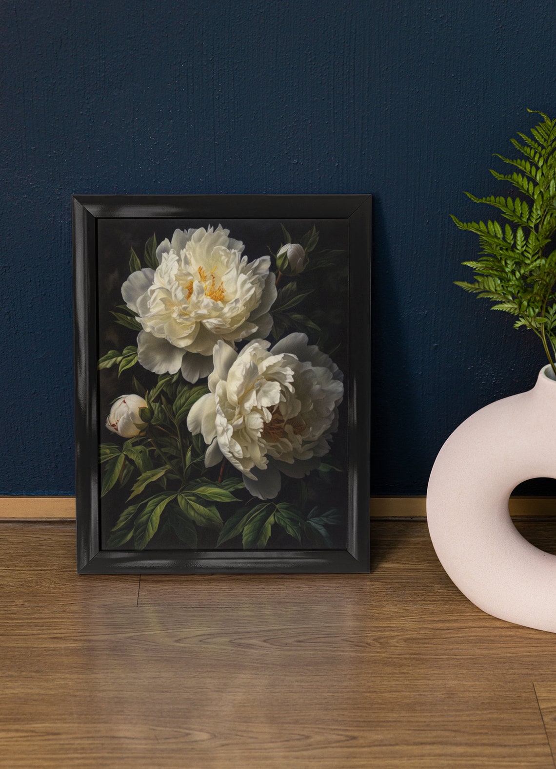 White Peony Flower Ivory Blooms Golden Center Botanical Art Poster