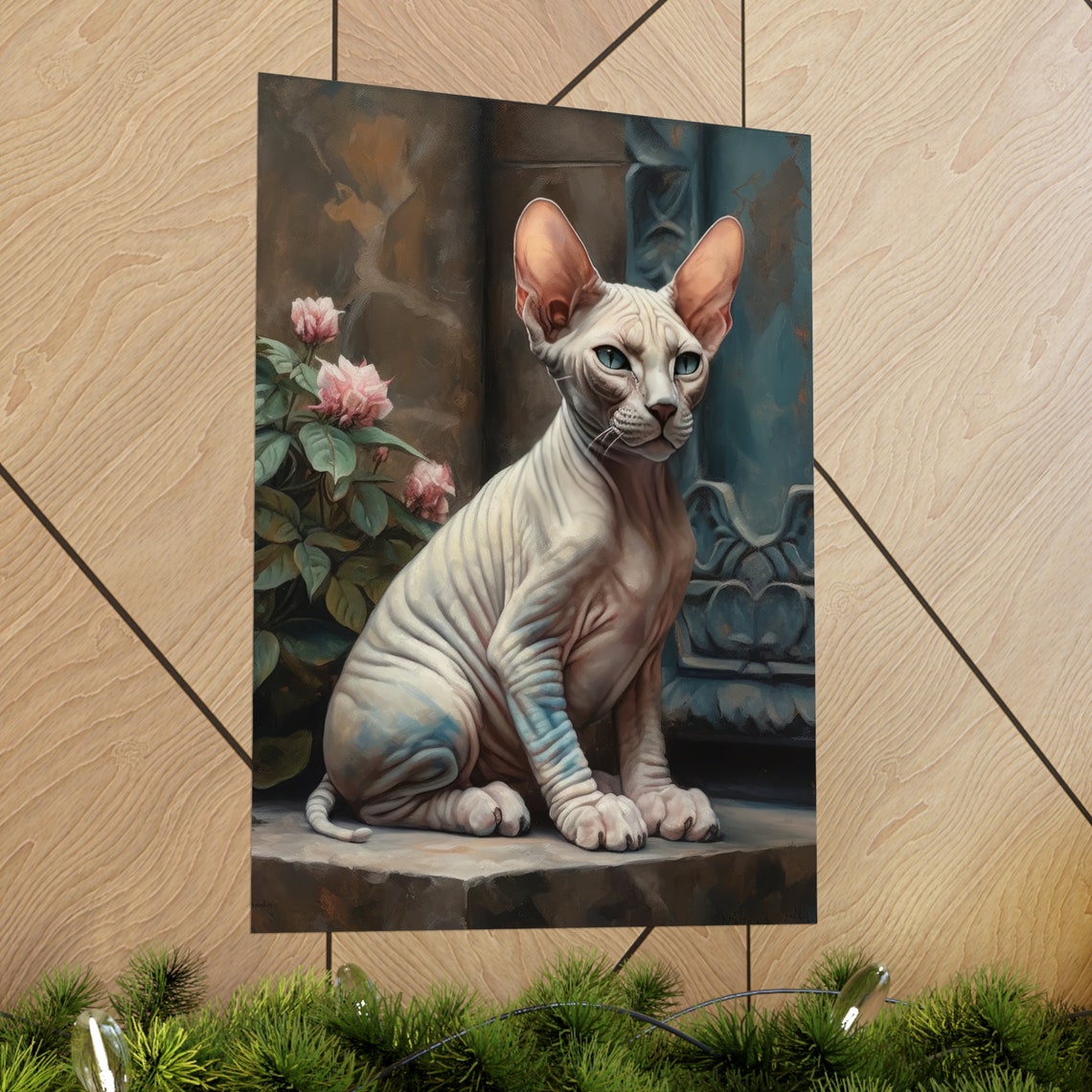 Sphynx Cat Portrait Pink Roses Classical Column Hairless Cat Art Print - Image 2
