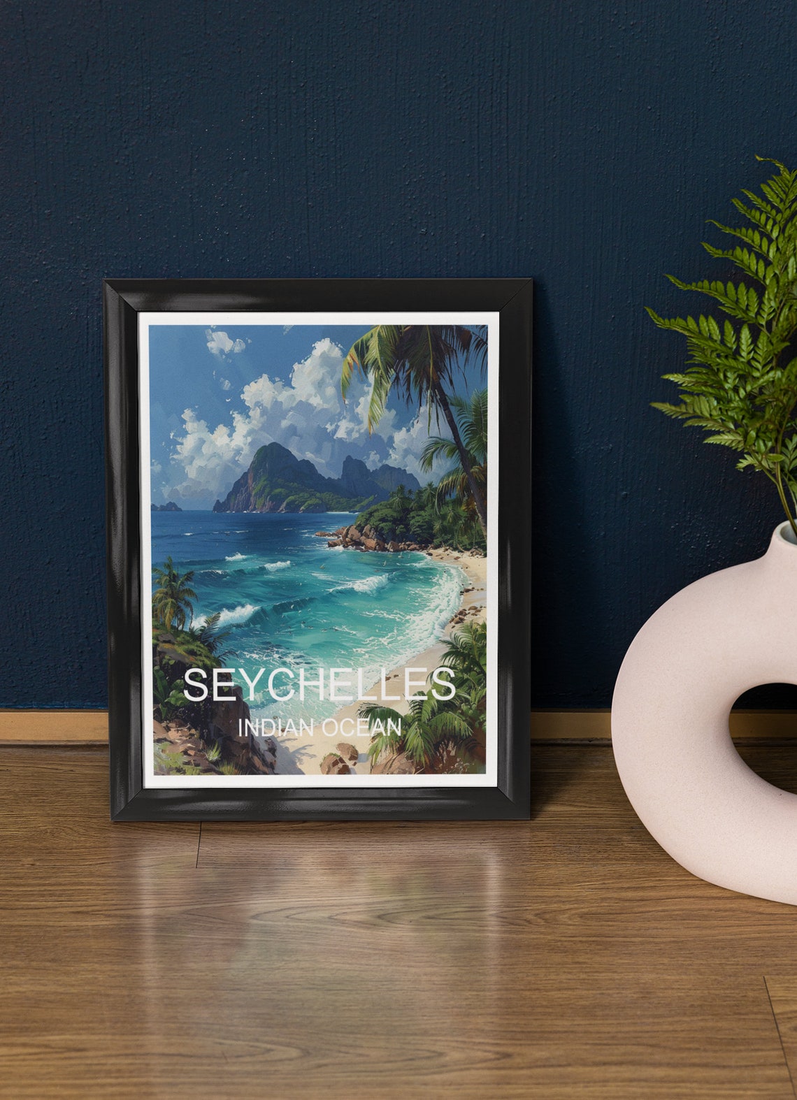 Seychelles Tropical Beach Palm Trees Turquoise Water Travel Poster