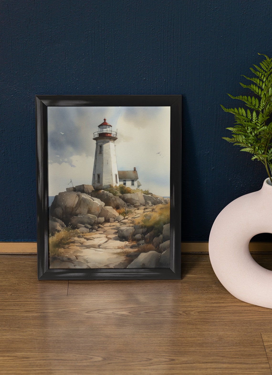 White Lighthouse Keepers House Stone Path Daylight Watercolor Poster