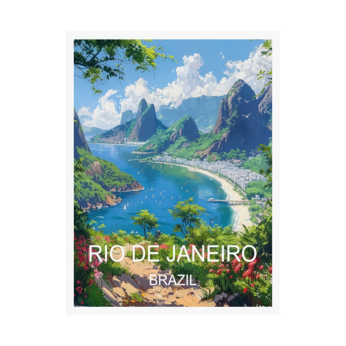 Rio de Janeiro Brazil Curved Beach Green Mountains Travel Poster - Image 3