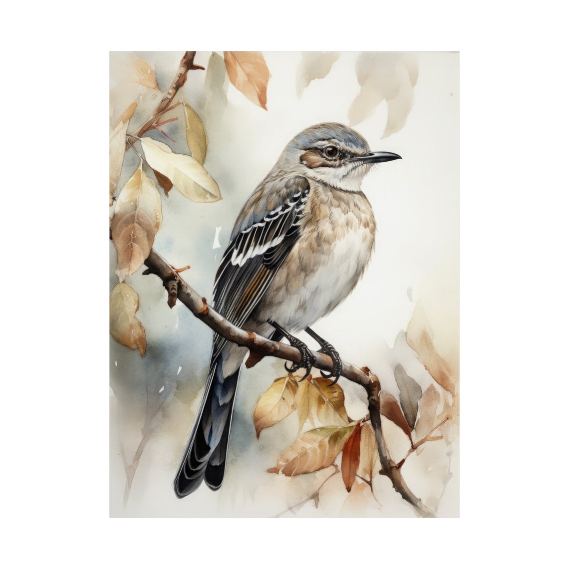 Northern Mockingbird Watercolor Perched on Branch Songbird Art Poster - Image 4