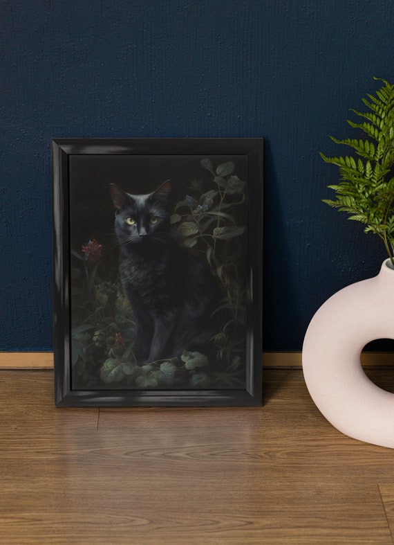Black Cat Art Print Black Cat Dcor Dark Academia Print Dark Gothic Cottagecore Art Witch Room Dcor Moody Floral Floral Art Poster