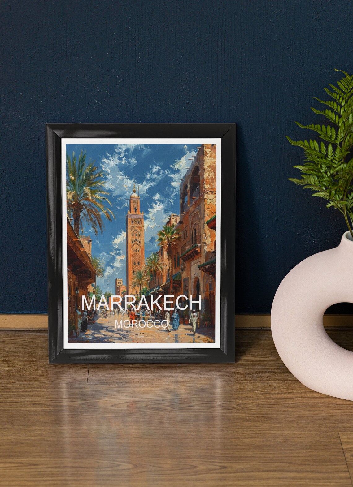 Marrakech Morocco Koutoubia Mosque Medina Street Scene Travel Poster