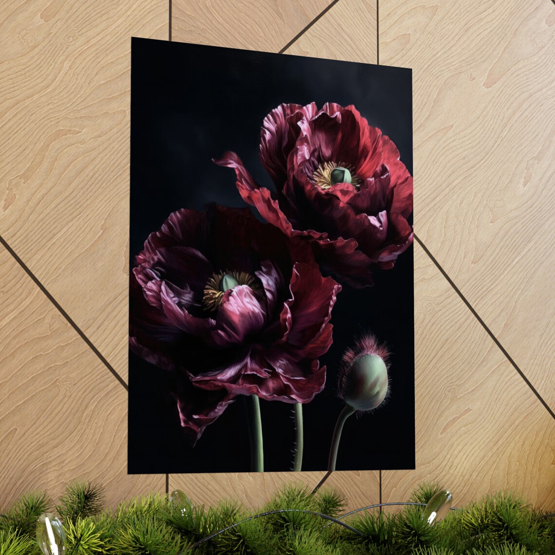 Burgundy Poppy Flowers Dark Moody Botanical Oil Painting Art Print - Image 2