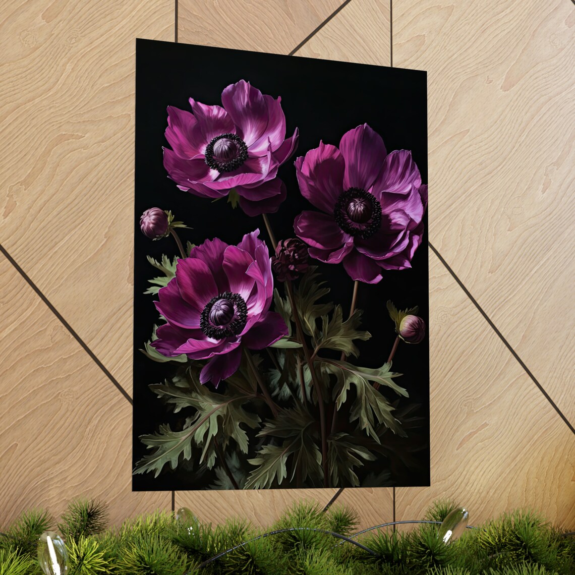 Magenta Anemone Trio Buds Dark Moody Botanical Floral Art Wall Print - Image 2