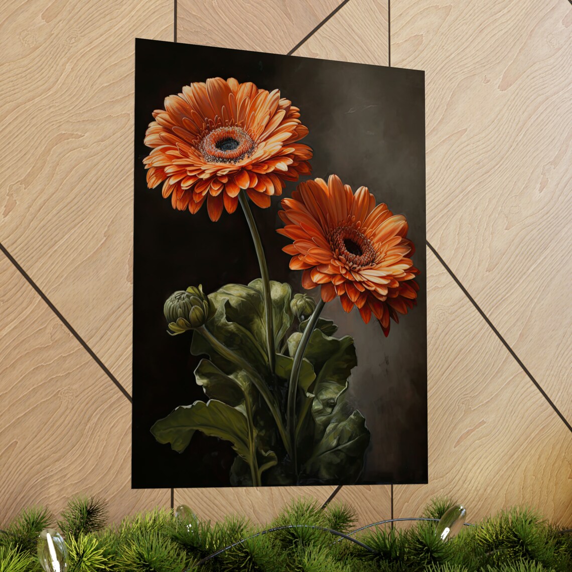 Orange Gerbera Daisies Dark Moody Floral Oil Painting Botanical Art - Image 2