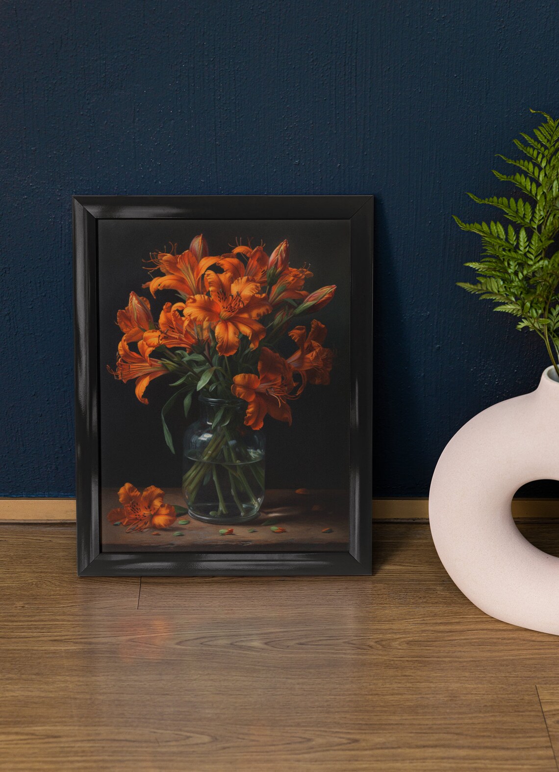 Orange Peruvian Lily Bouquet Glass Vase Moody Dark Still Life Poster