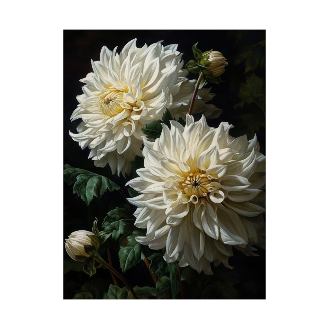 White Dahlia Blossoms Elegant Dark Floral Botanical Wall Art Print - Image 4
