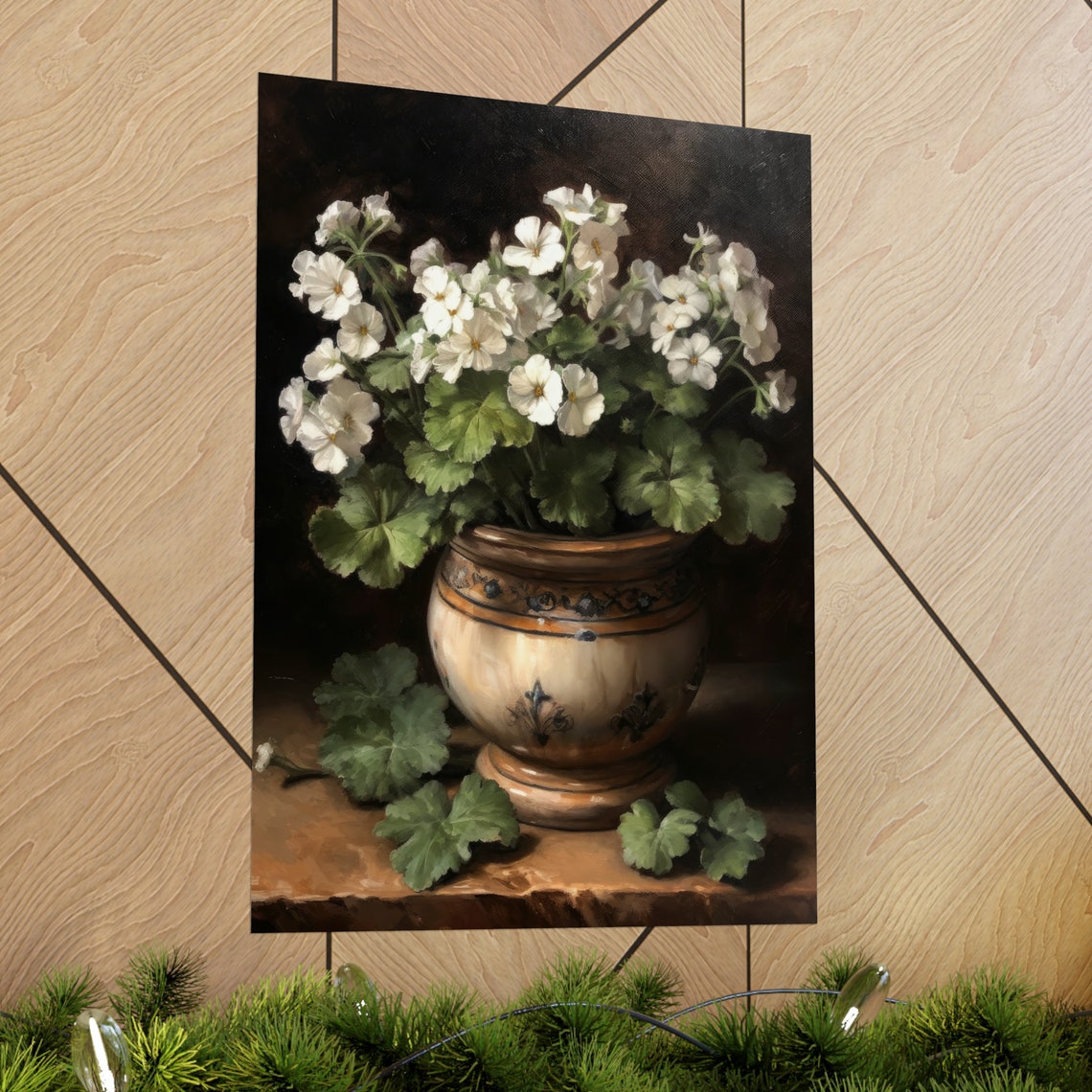 White Geranium Blooms Painted Ceramic Pot Dark Still Life Art Poster - Image 2