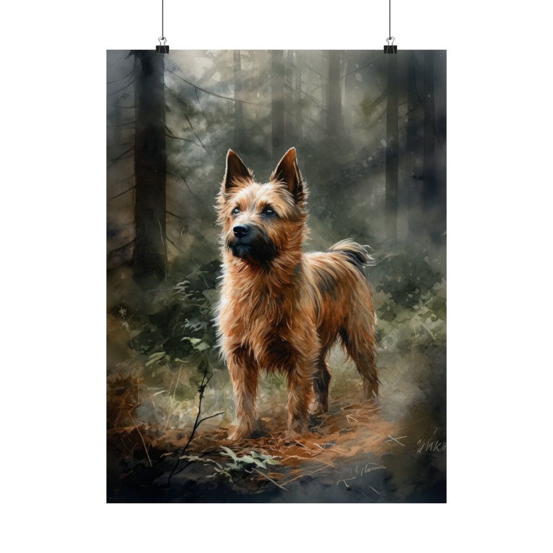 Australian Terrier Standing in Misty Woods Watercolor Dog Art Print - Image 5