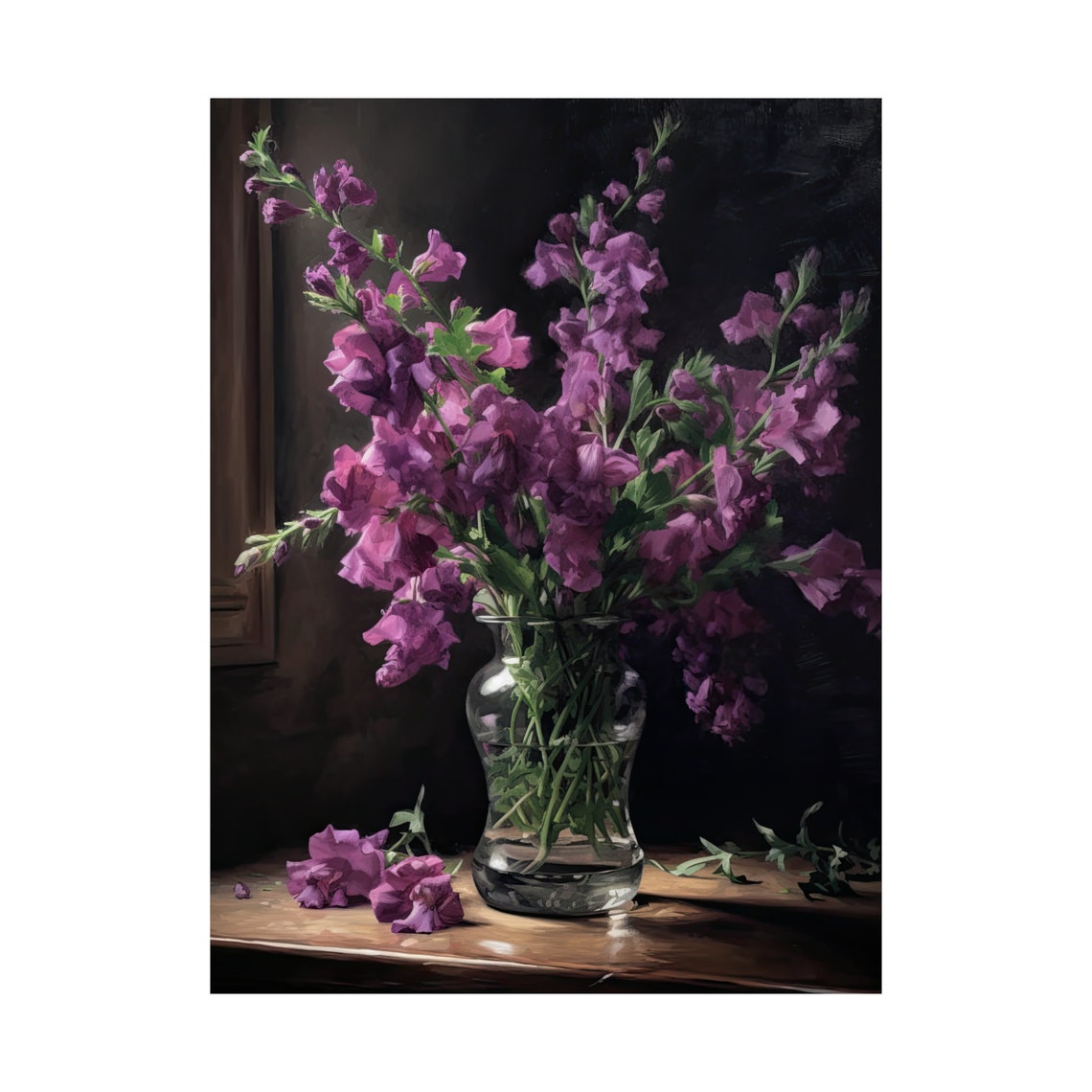 Magenta Purple Snapdragon Bouquet Glass Vase Dark Still Life Poster - Image 4