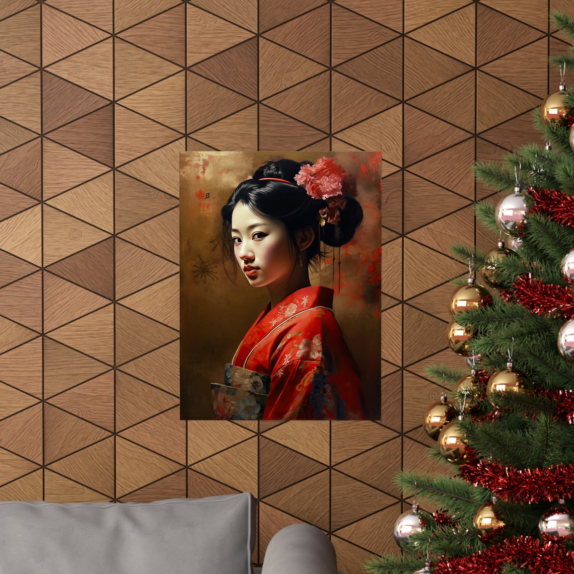 Geisha in Red Kimono Portrait Japanese Oriental Elegant Art Poster - Image 3