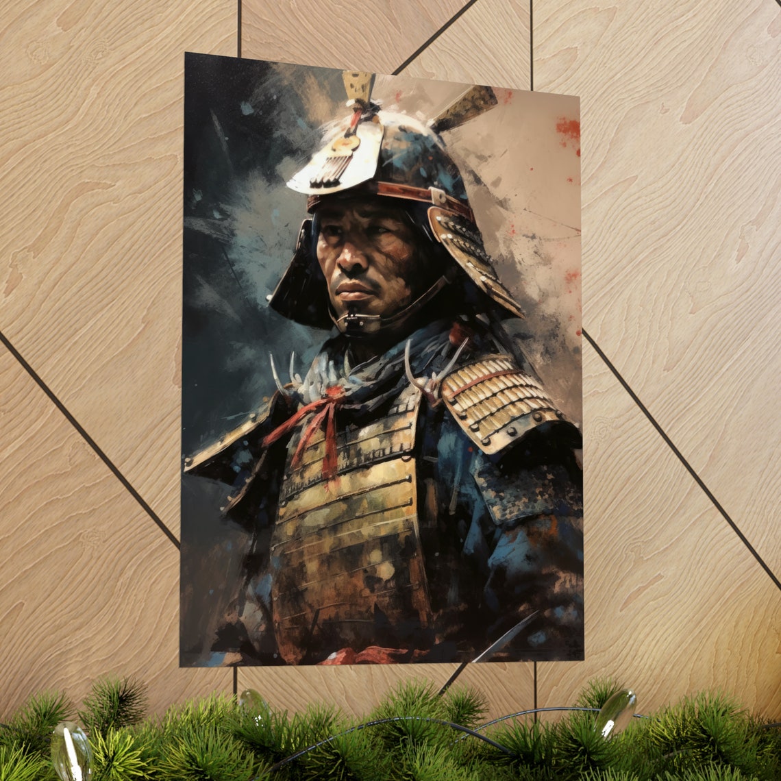 Samurai Warrior in Battle Worn Armor Dramatic Oil Painting Art Print - Image 2