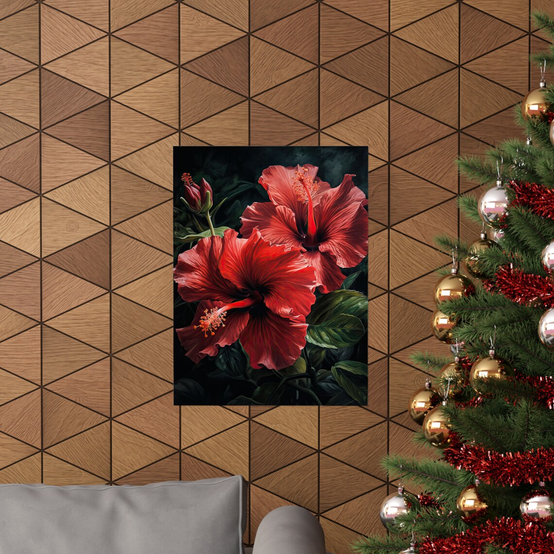 Red Hibiscus Blooms Dark Tropical Floral Painting Fine Art Poster - Image 3
