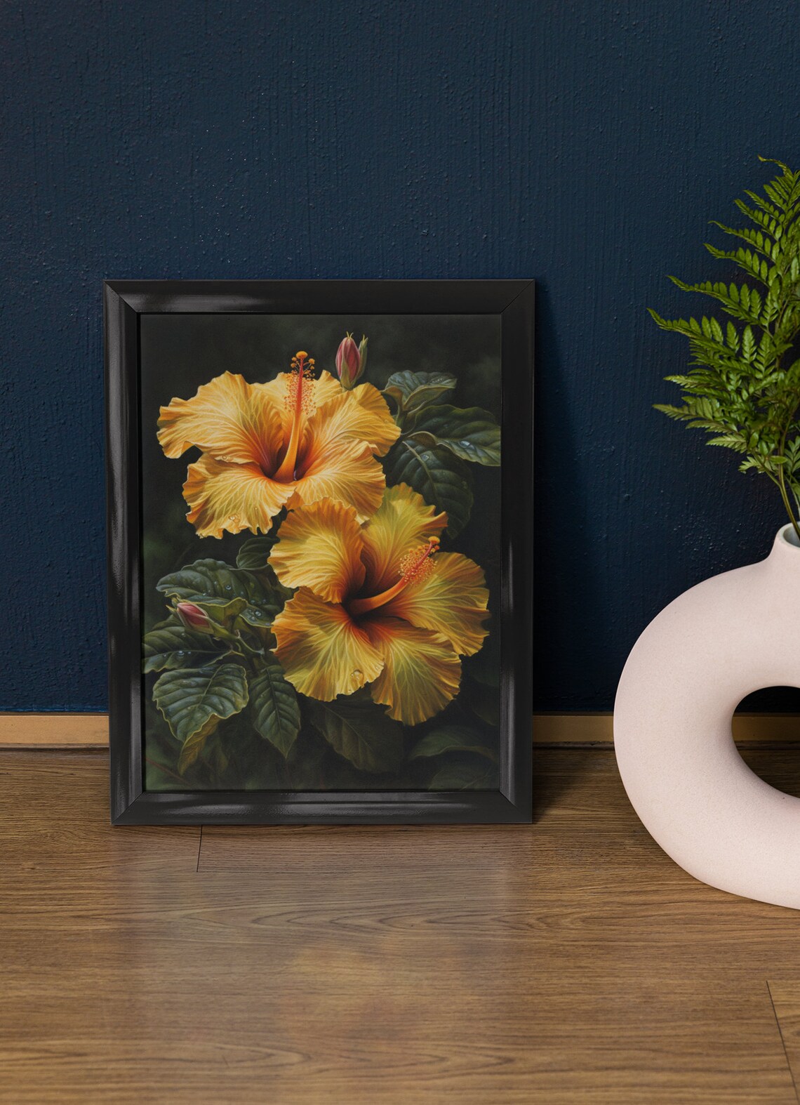 Golden Yellow Hibiscus Blooms Dark Tropical Floral Fine Art Poster
