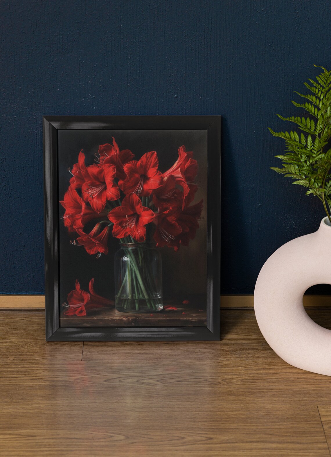 Red Amaryllis Flowers Dark Still Life Glass Vase Scarlet Art Print