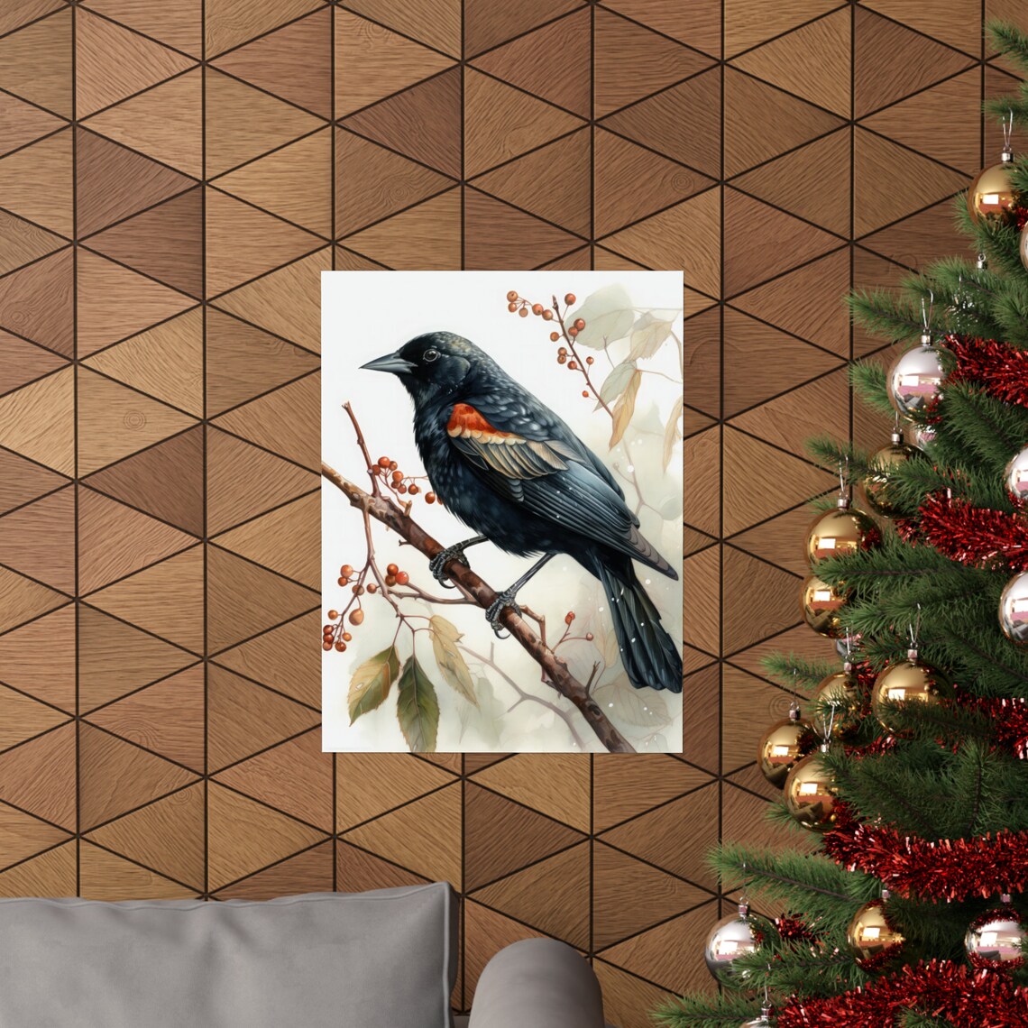 Red Winged Blackbird Watercolor Red Berry Branch Bird Fine Art Poster - Image 3