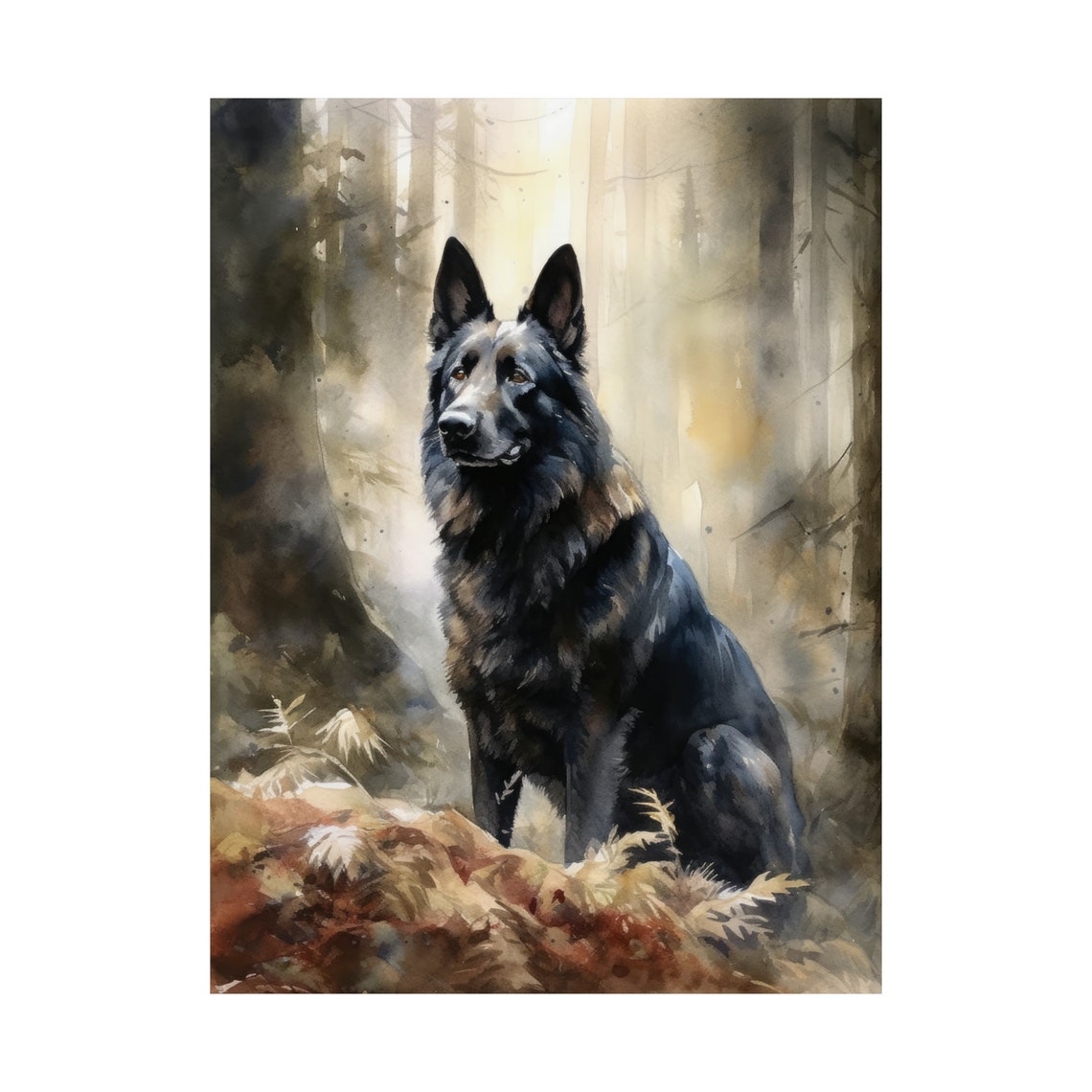 Belgian Sheepdog Black Dog Sitting Sunlit Forest Portrait Poster - Image 4