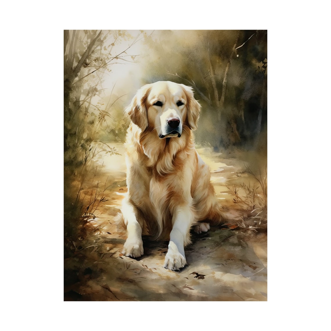 Golden Retriever Sitting Woodland Path Watercolor Dog Art Poster - Image 4