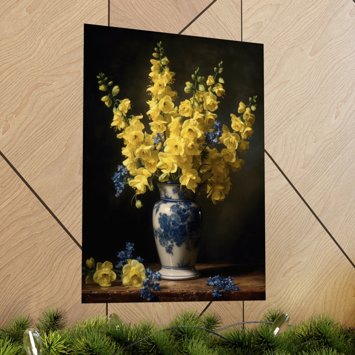Yellow Delphinium Bouquet Blue Porcelain Vase Dark Still Life Poster - Image 2