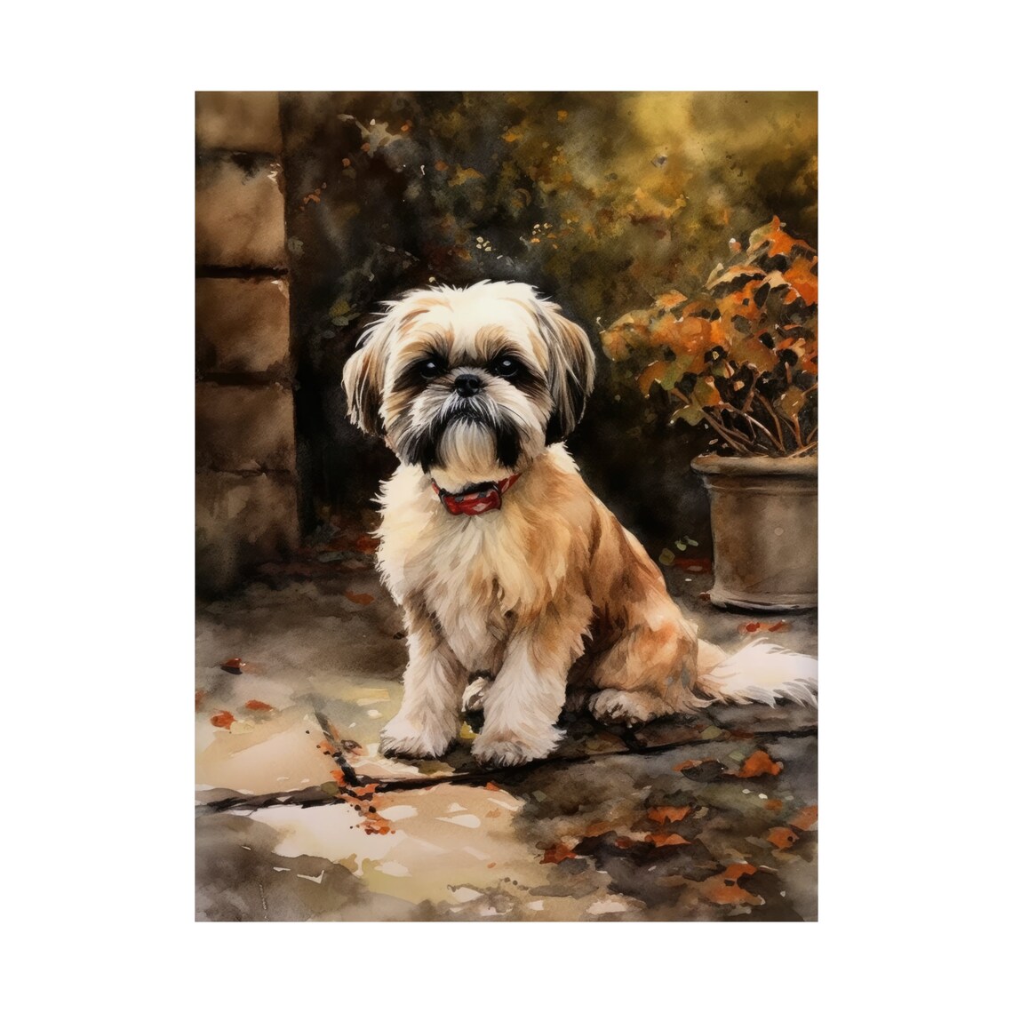 Shih Tzu Dog Watercolor Portrait Autumn Patio Red Collar Poster - Image 4