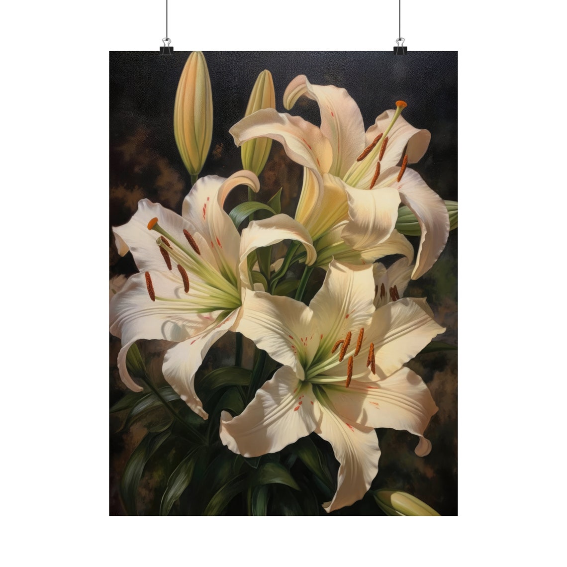 Cream Lily Blossoms Soft Ivory Elegant Dark Botanical Art Print - Image 5