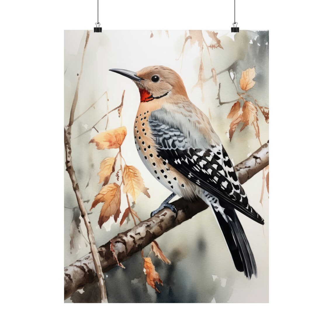 Northern Flicker Woodpecker Perched Watercolor Autumn Branch Art Print - Image 5