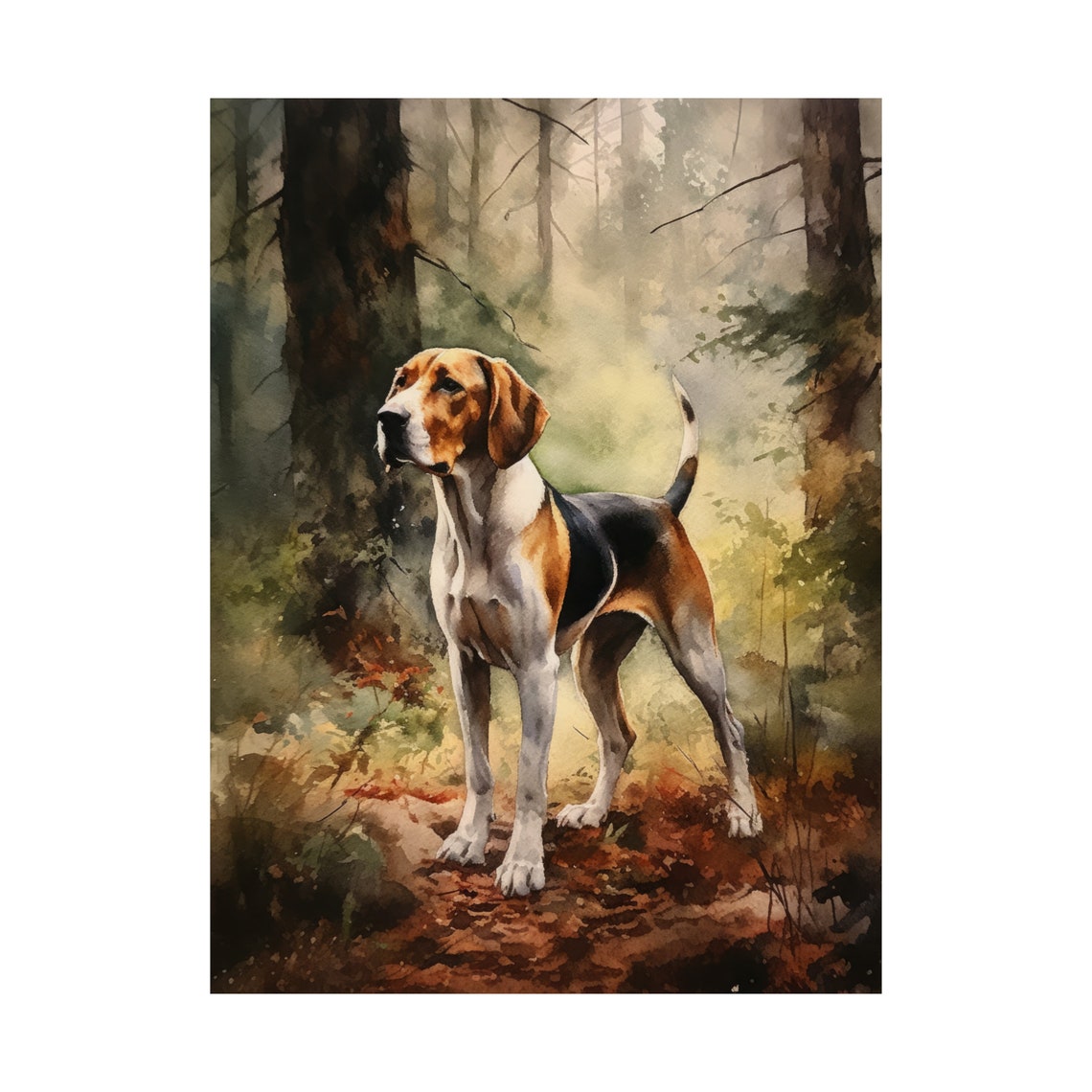 Treeing Walker Coonhound Standing In Autumn Forest Watercolor Poster - Image 4