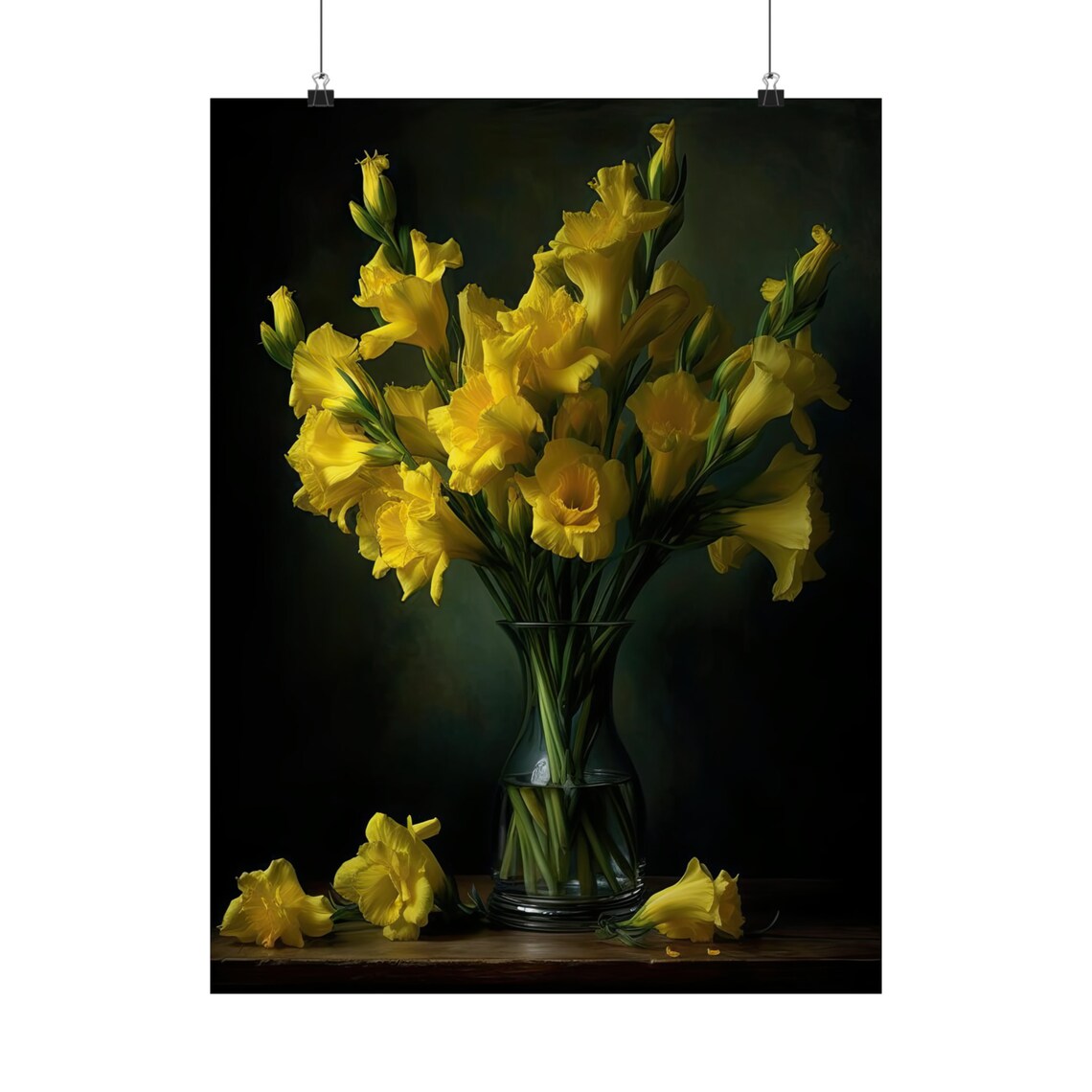 Yellow Gladiolus Bouquet Glass Vase Dark Still Life Floral Art Poster - Image 5