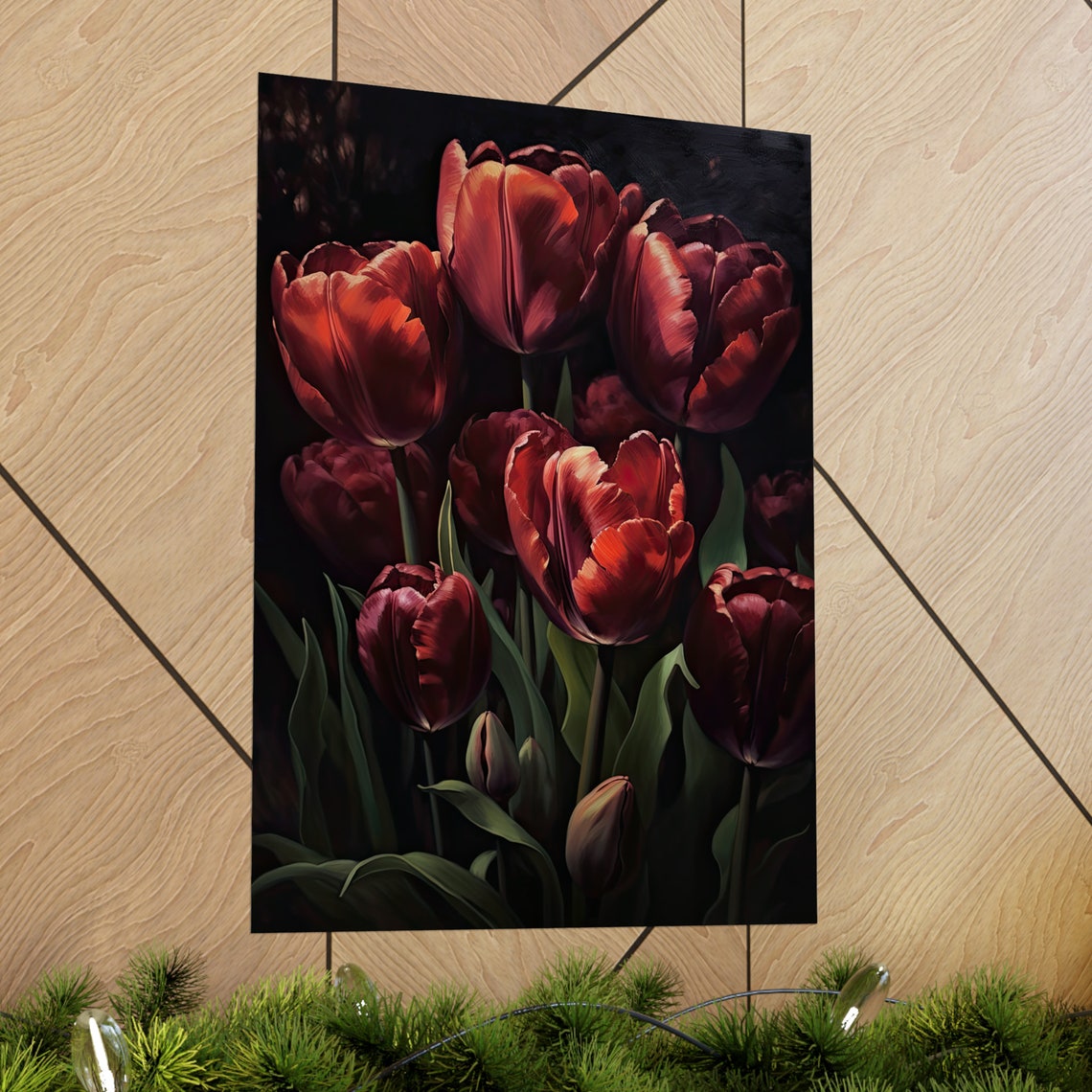Deep Maroon Tulip Blooms Moody Dark Floral Botanical Art Print - Image 2