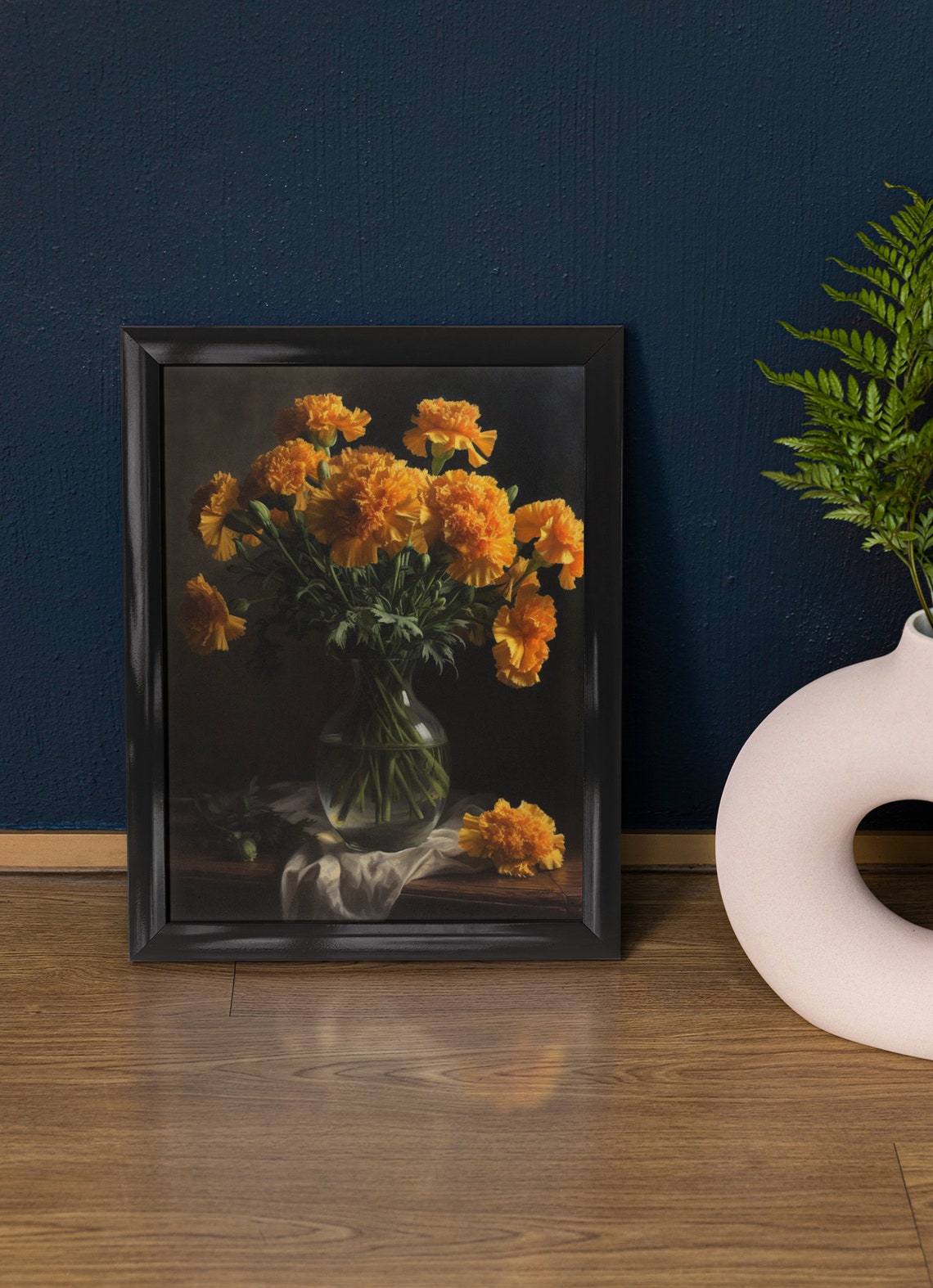 Golden Yellow Carnations Glass Vase Dark Still Life Flower Art Poster