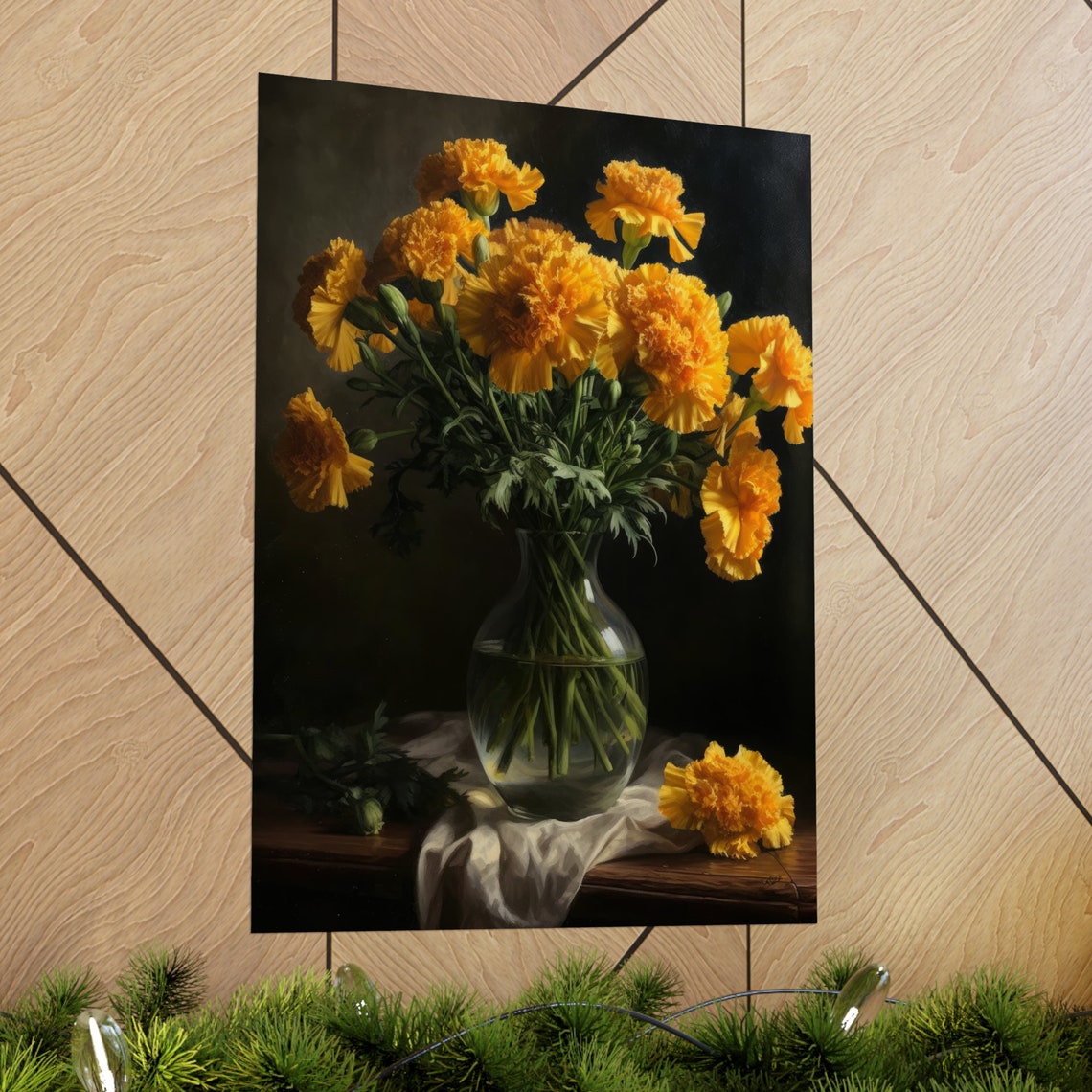 Golden Yellow Carnations Glass Vase Dark Still Life Flower Art Poster - Image 2