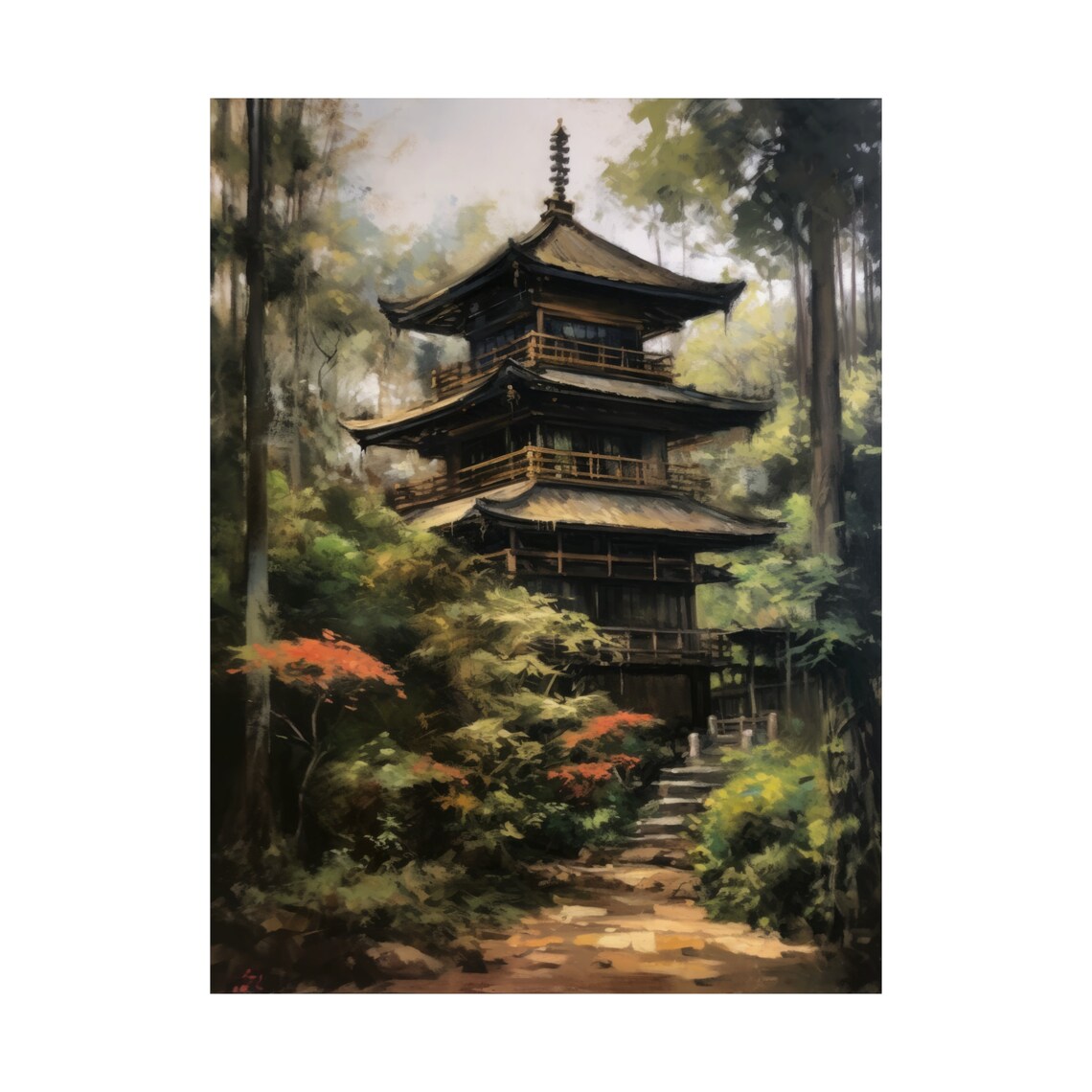 Japanese Pagoda Temple in Misty Forest Painting Travel Poster - Image 4