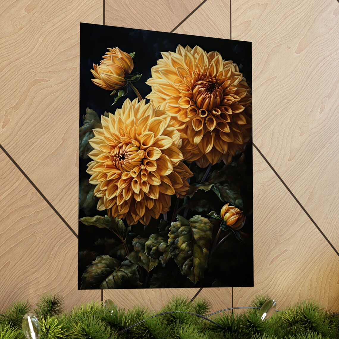 Golden Yellow Dahlia Blooms Dark Moody Floral Botanical Art Print - Image 2
