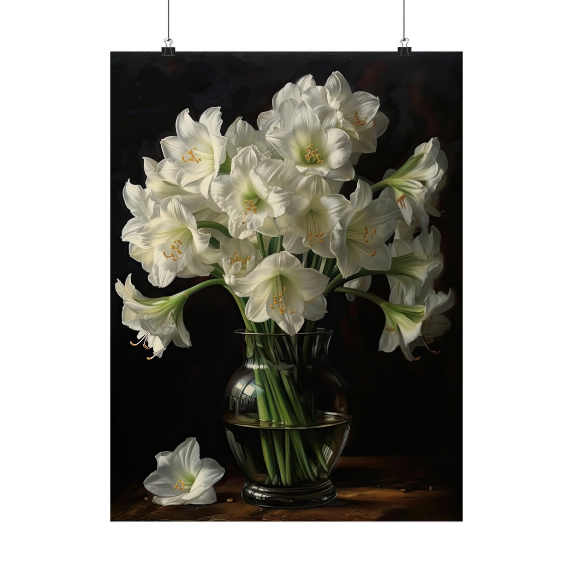 White Amaryllis Flowers Dark Still Life Fallen Bloom Art Print - Image 5