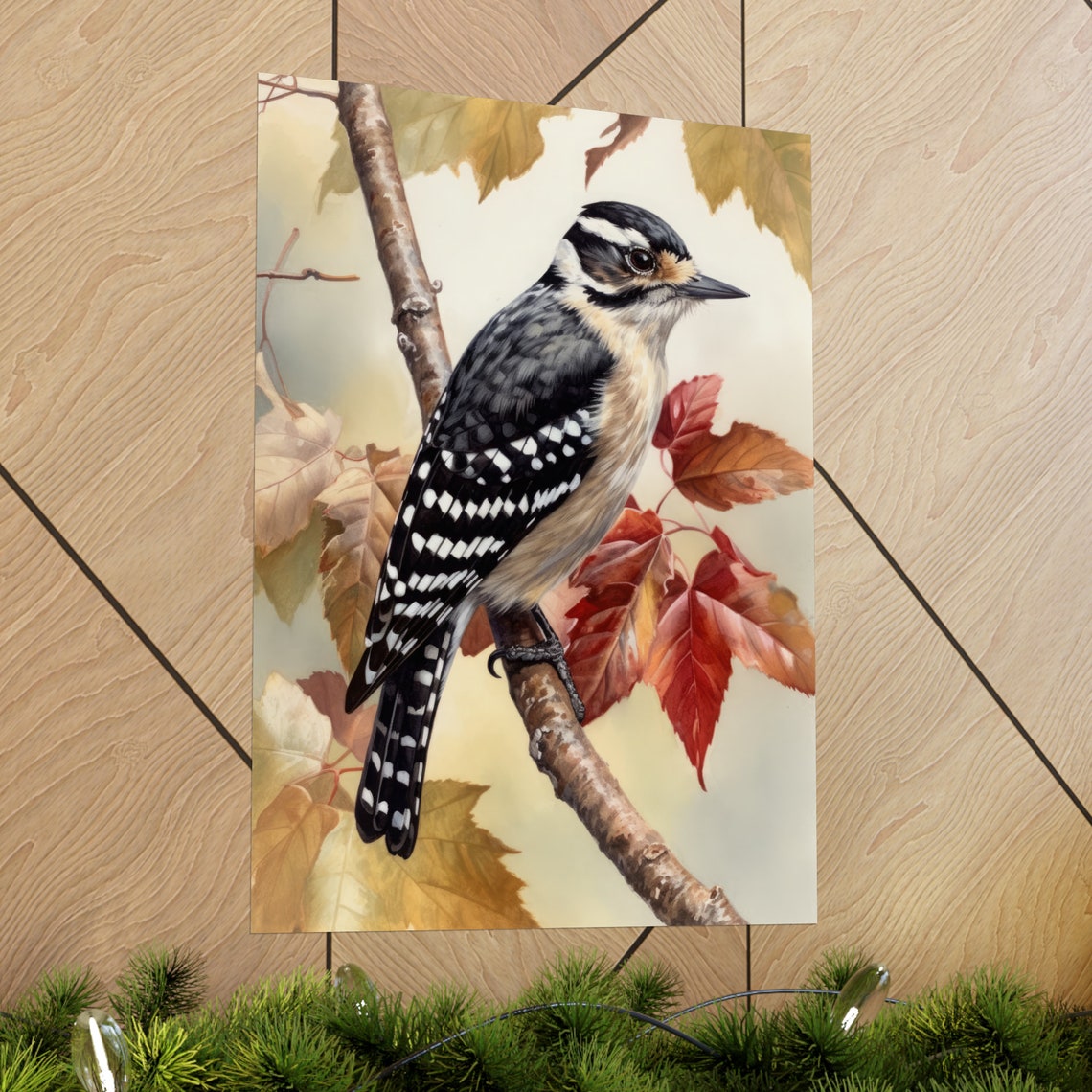 Downy Woodpecker Perched Autumn Leaves Bird Painting Fine Art Poster - Image 2