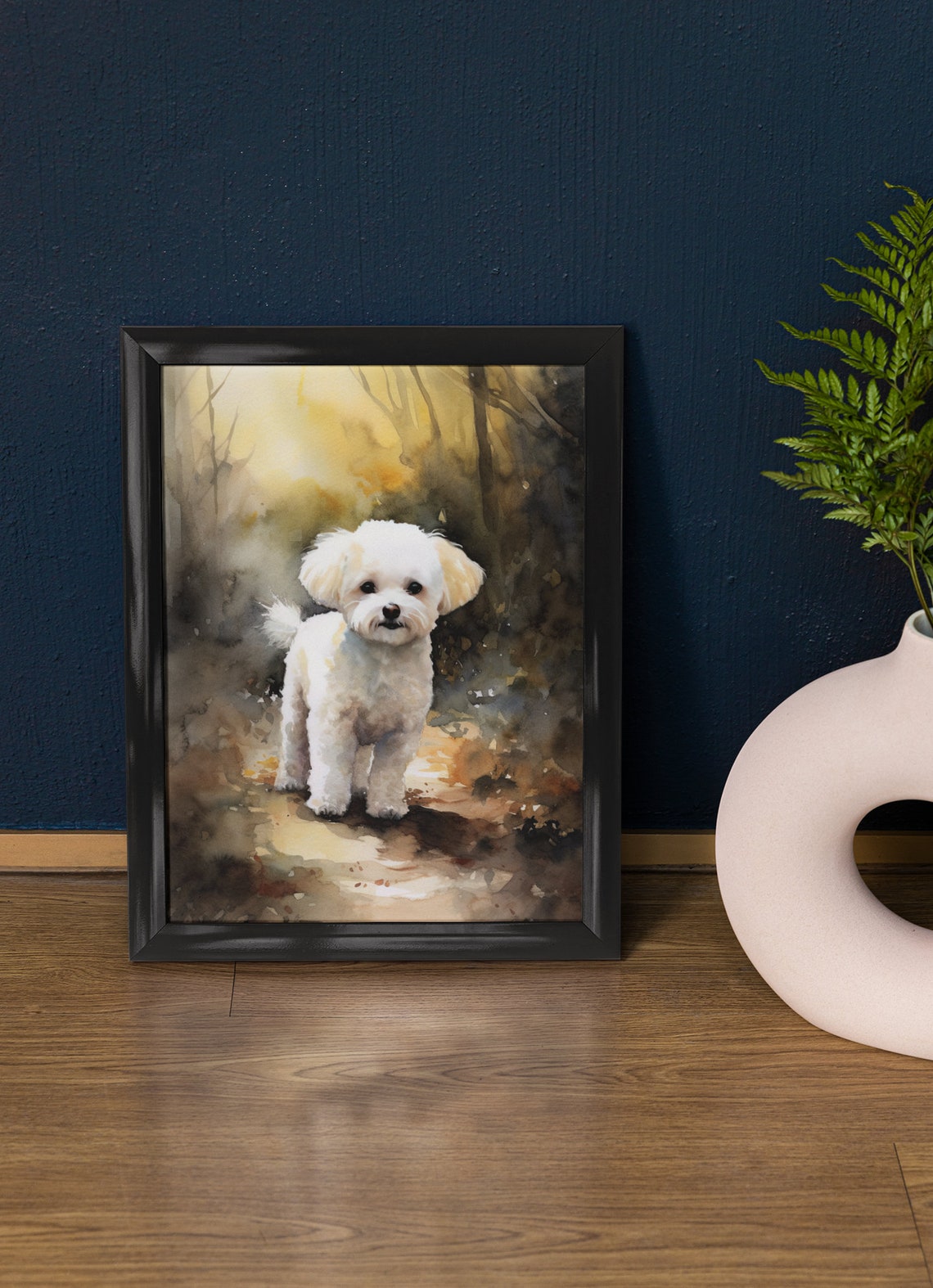 Bichon Frise Standing on Forest Path Watercolor Dog Art Print