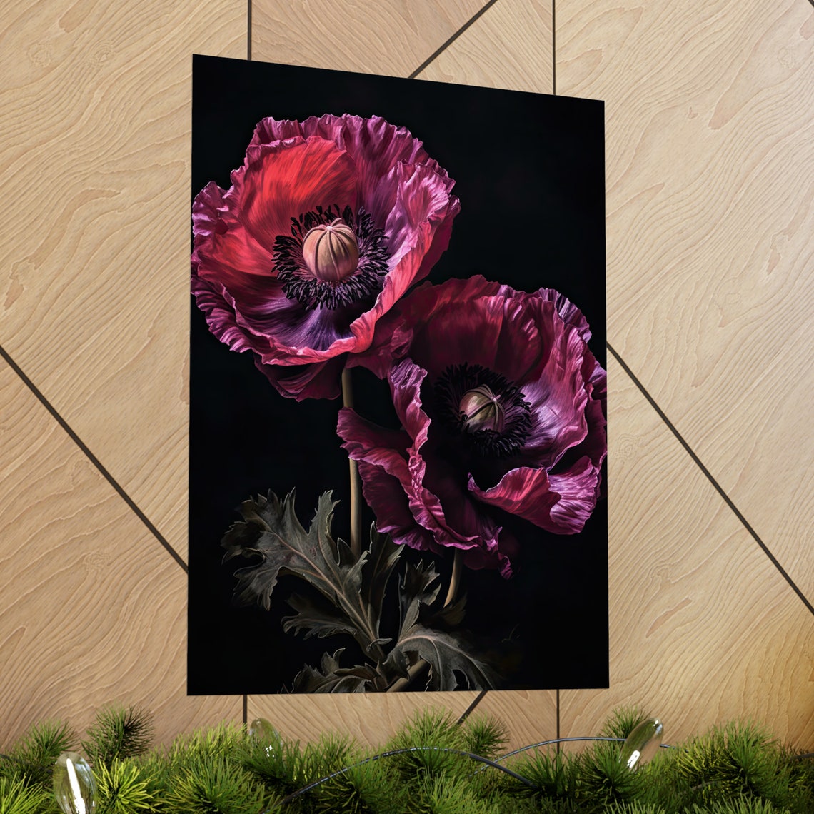 Oriental Poppy Flowers Magenta Crimson Dark Moody Botanical Art Print - Image 2