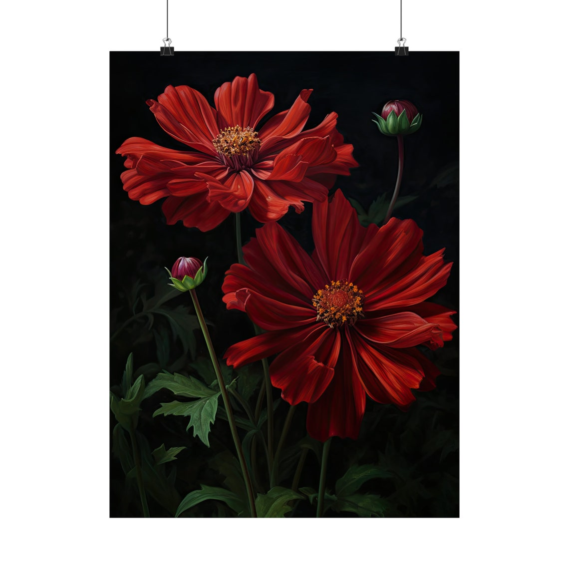 Red Cosmos Blooms Dark Moody Botanical Floral Fine Art Poster - Image 5