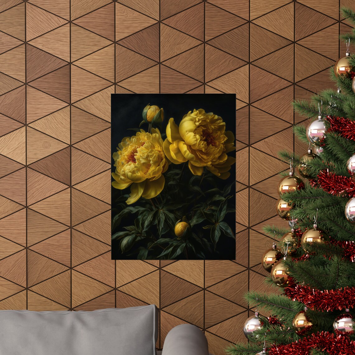 Yellow Peony Blossoms Golden Blooms Dark Botanical Still Life Poster - Image 3