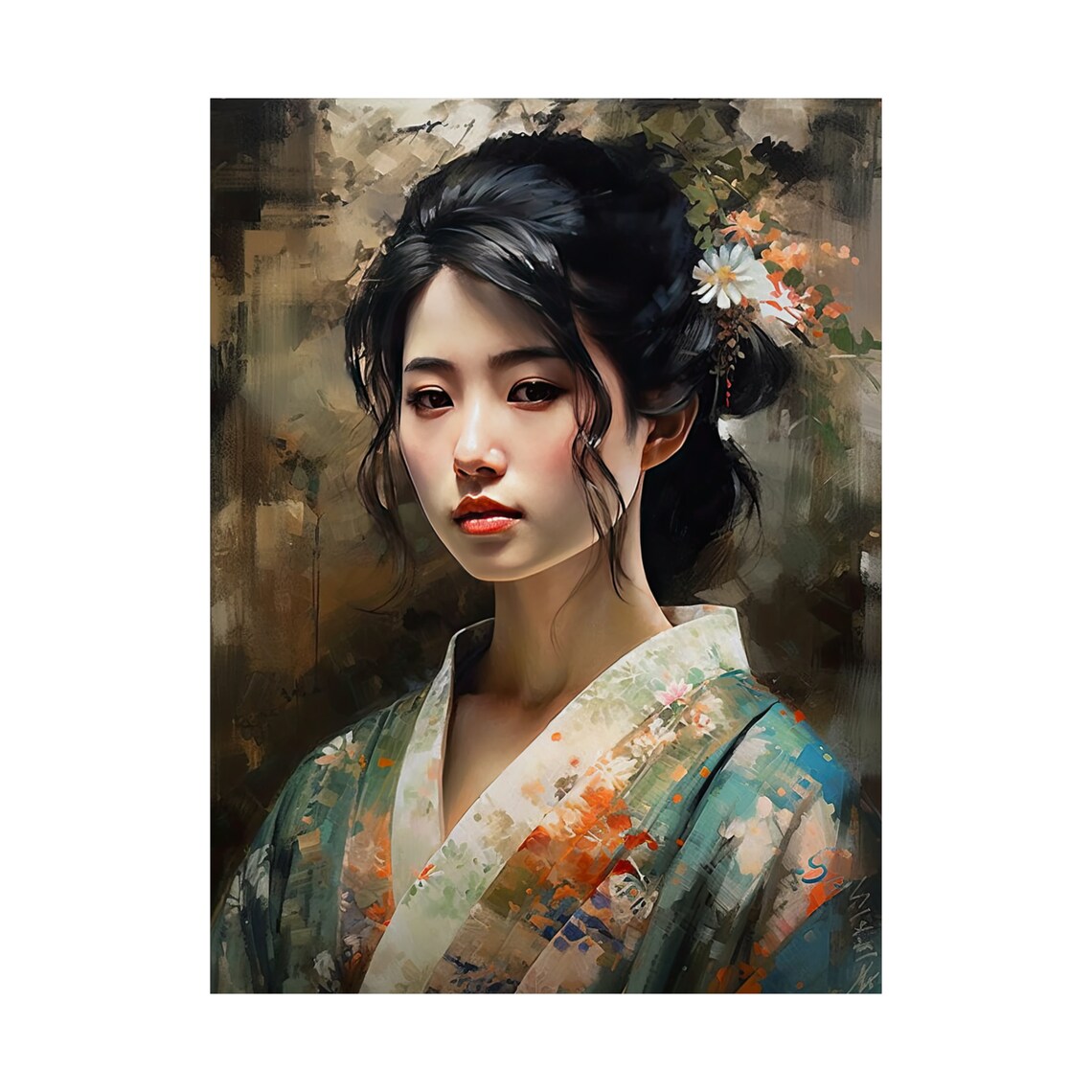 Japanese Woman Floral Kimono Portrait Dark Background Painting Poster - Image 4
