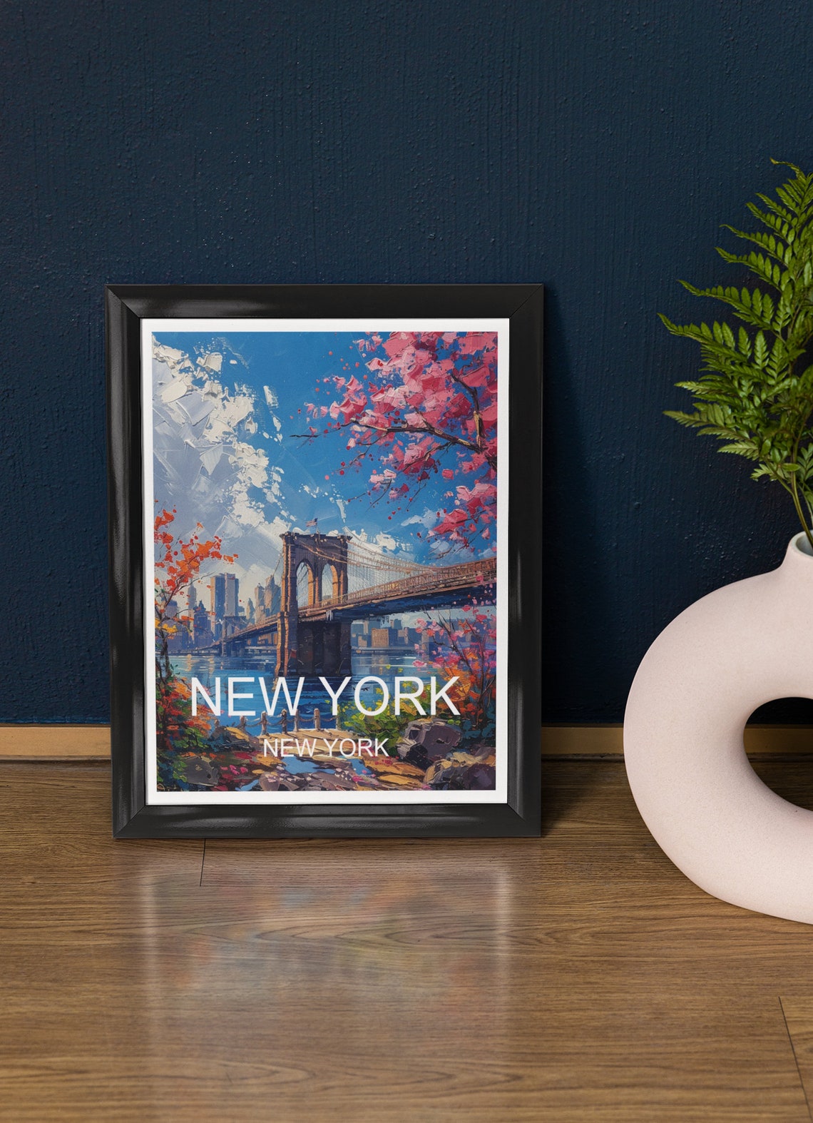 New York Brooklyn Bridge Cherry Blossom Skyline Travel Poster