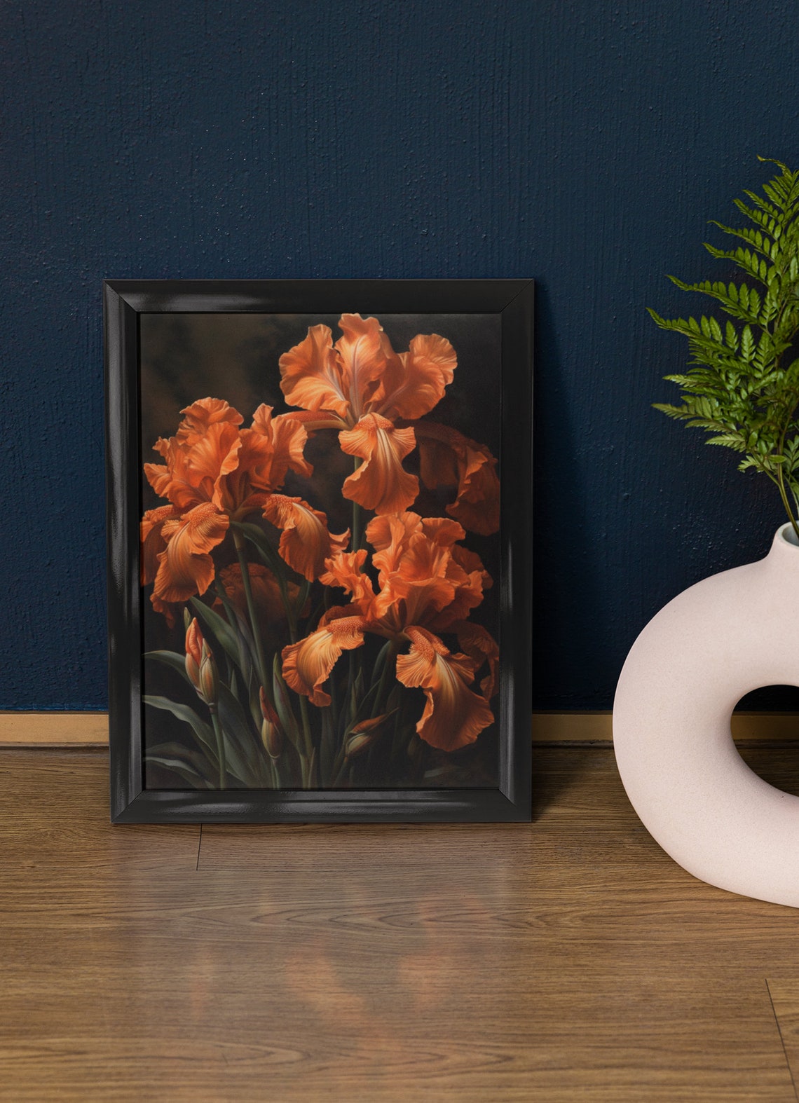 Vibrant Orange Iris Bloom Cluster Dark Moody Floral Wall Art Print