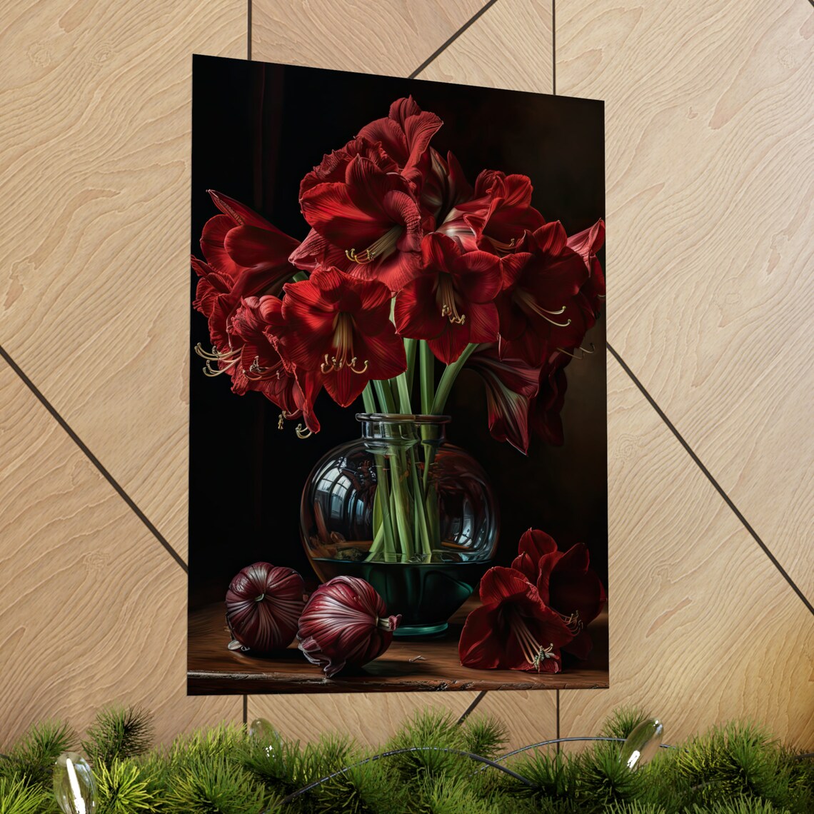 Burgundy Amaryllis Dark Still Life Bulbs Glass Vase Flower Art Print - Image 2