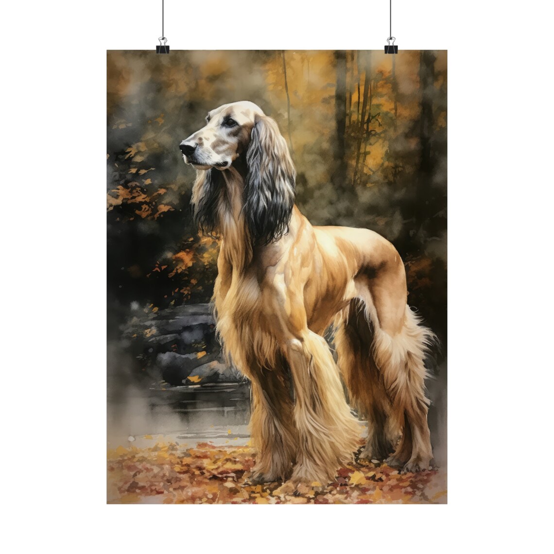 Afghan Hound Standing in Autumn Woods Watercolor Dog Art Print - Image 5