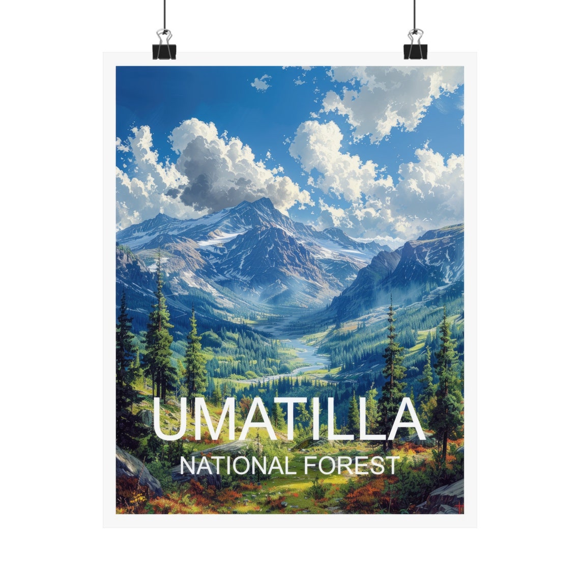 Umatilla National Forest Snowy Peaks River Valley Travel Poster - Image 4