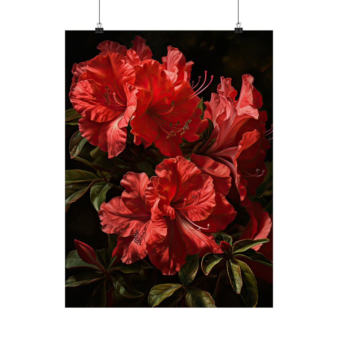 Deep Red Azalea Blossoms Dark Moody Botanical Oil Painting Art Poster - Image 5