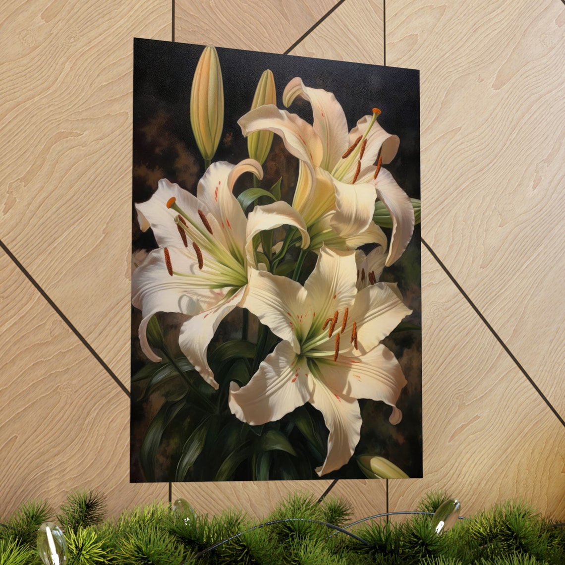 Cream Lily Blossoms Soft Ivory Elegant Dark Botanical Art Print - Image 2